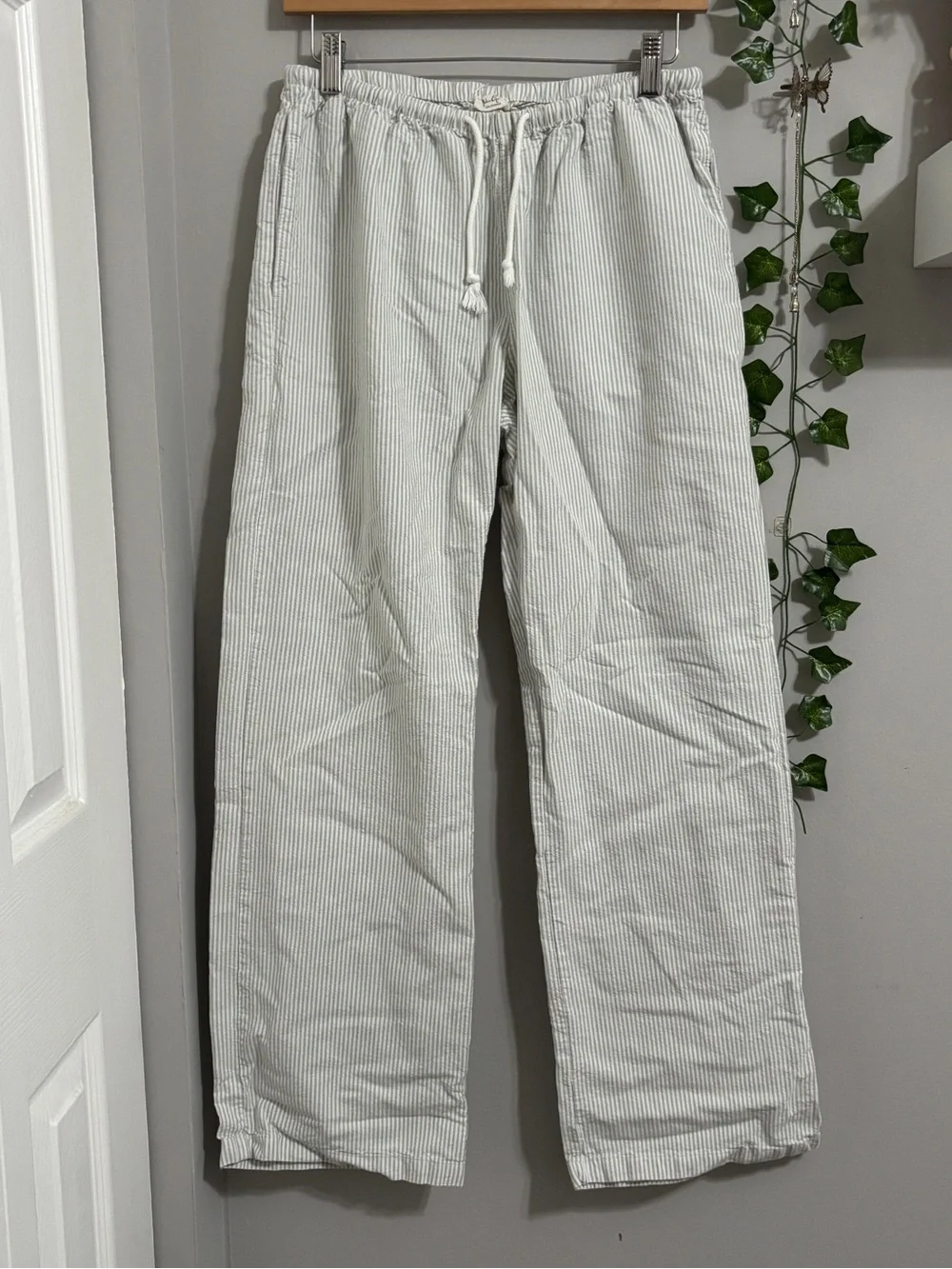 John Galt Sage Green Striped Linen Pants